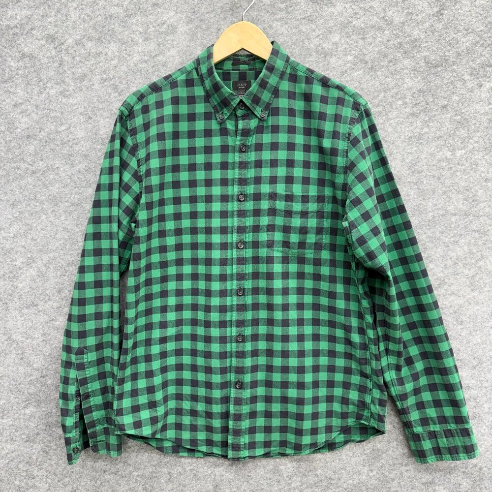 J.Crew OXFORD Men's Flannel Shirt, 100% Cotton, Slim, Pockets, Green Plaid, L